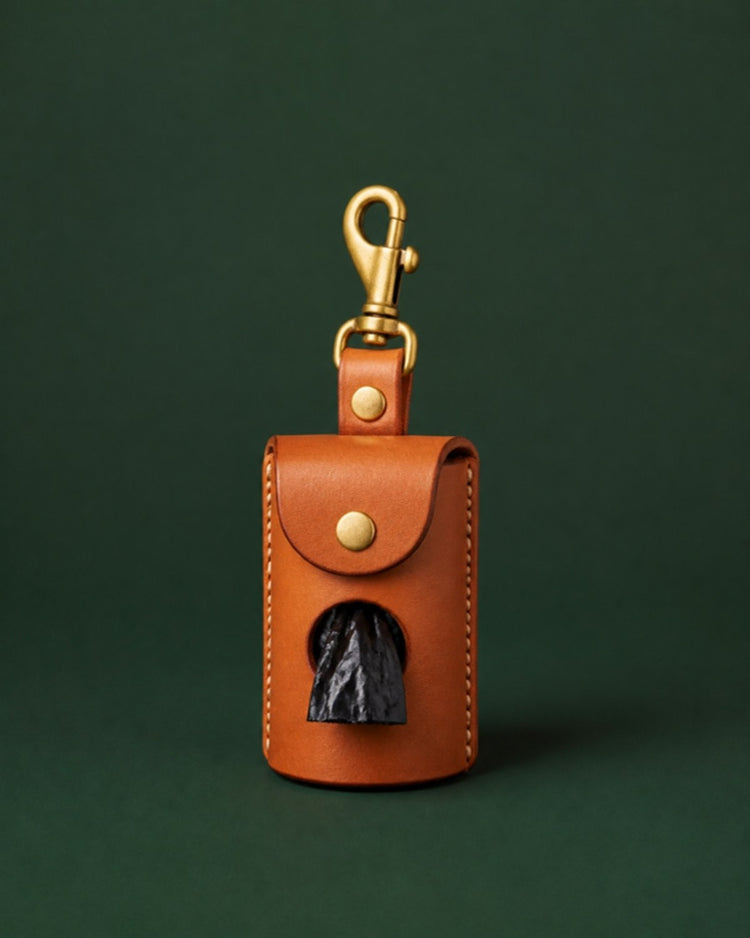 Leather poo bag holder with solid brass clip